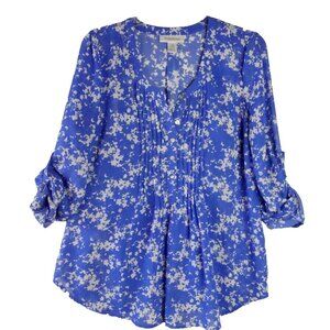 Motherhood Womens Size M Blouse Blue White Floral Popover Sheer Lined READ DESC